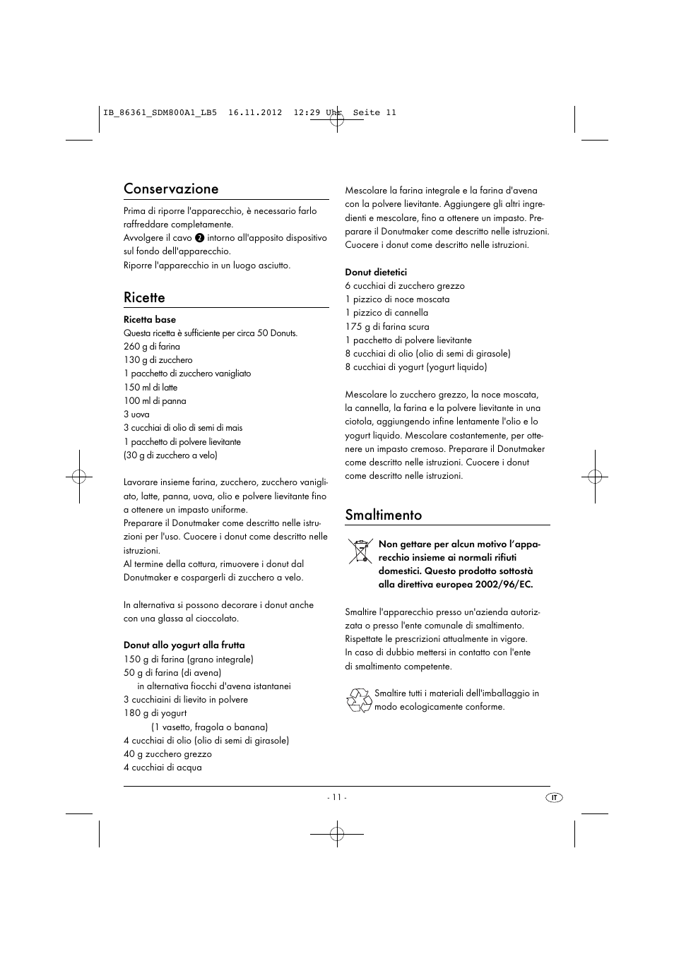 Conservazione, Ricette, Smaltimento | Silvercrest SDM 800 A1 User Manual | Page 14 / 34
