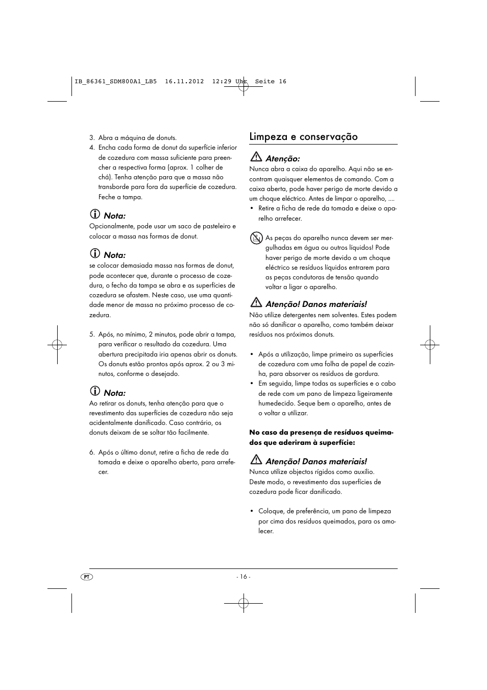 Limpeza e conservação, Nota, Atenção | Atenção! danos materiais | Silvercrest SDM 800 A1 User Manual | Page 19 / 34