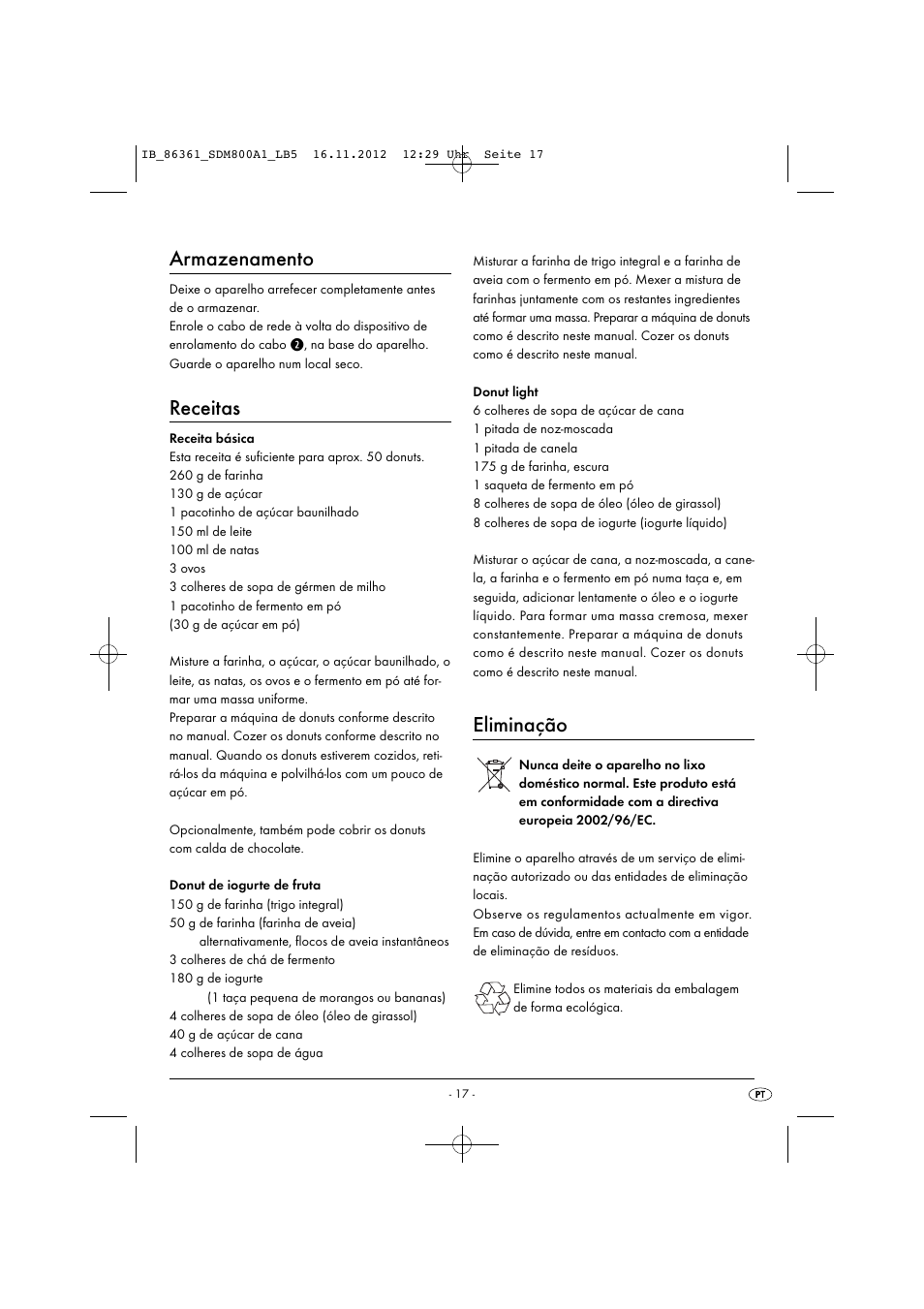 Armazenamento, Receitas, Eliminação | Silvercrest SDM 800 A1 User Manual | Page 20 / 34