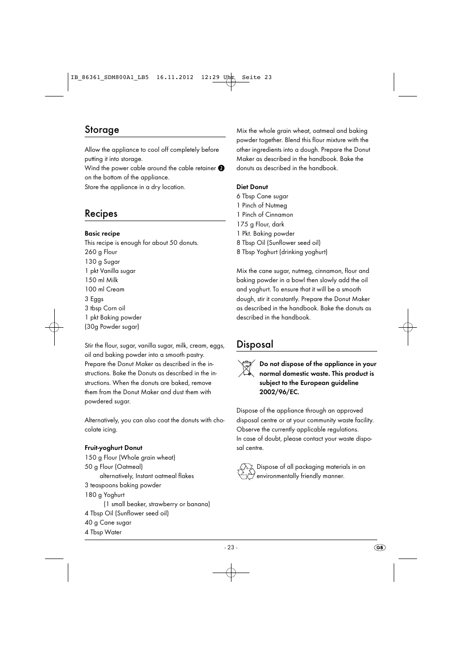 Storage, Recipes, Disposal | Silvercrest SDM 800 A1 User Manual | Page 26 / 34