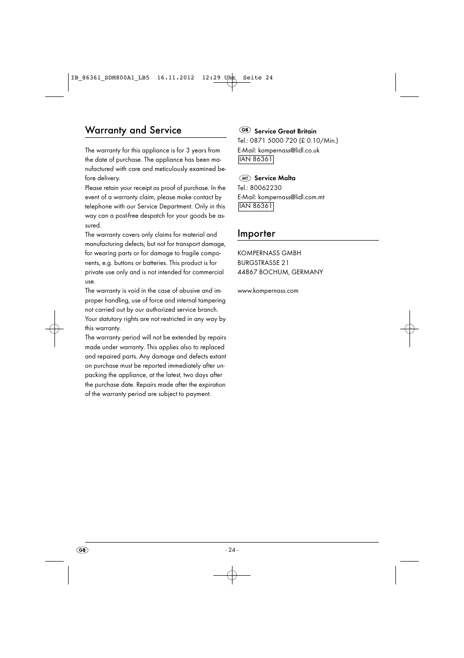 Warranty and service, Importer | Silvercrest SDM 800 A1 User Manual | Page 27 / 34