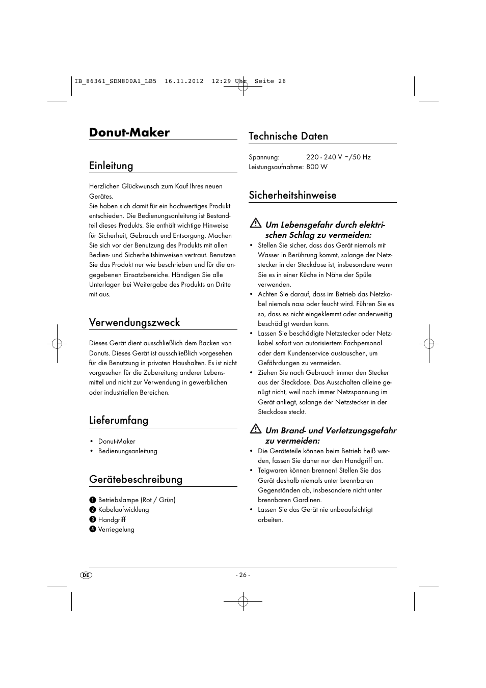 Donut-maker, Einleitung, Verwendungszweck | Lieferumfang, Gerätebeschreibung, Technische daten, Sicherheitshinweise | Silvercrest SDM 800 A1 User Manual | Page 29 / 34