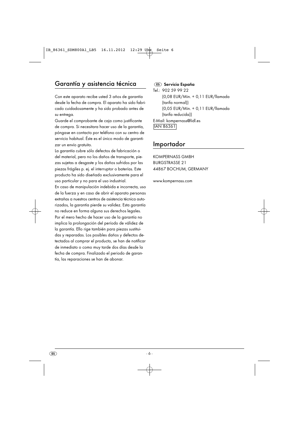 Garantía y asistencia técnica, Importador | Silvercrest SDM 800 A1 User Manual | Page 9 / 34