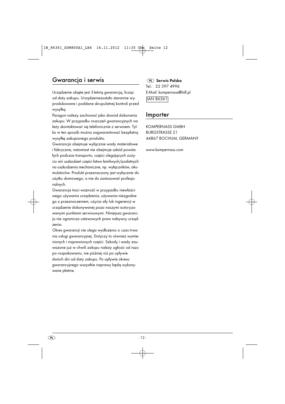 Gwarancja i serwis, Importer | Silvercrest SDM 800 A1 User Manual | Page 15 / 40