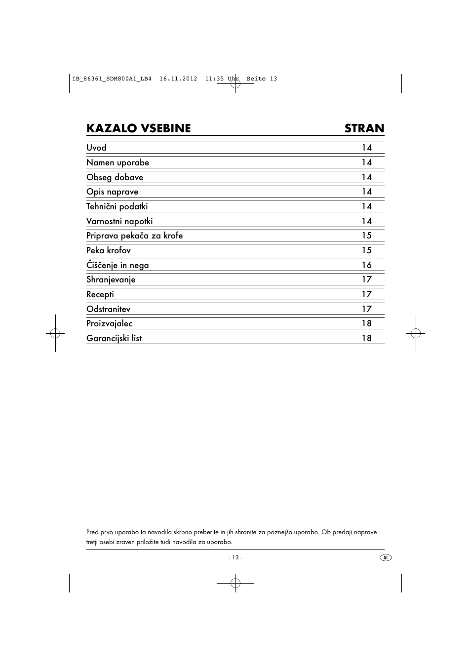 Kazalo vsebine stran | Silvercrest SDM 800 A1 User Manual | Page 16 / 40