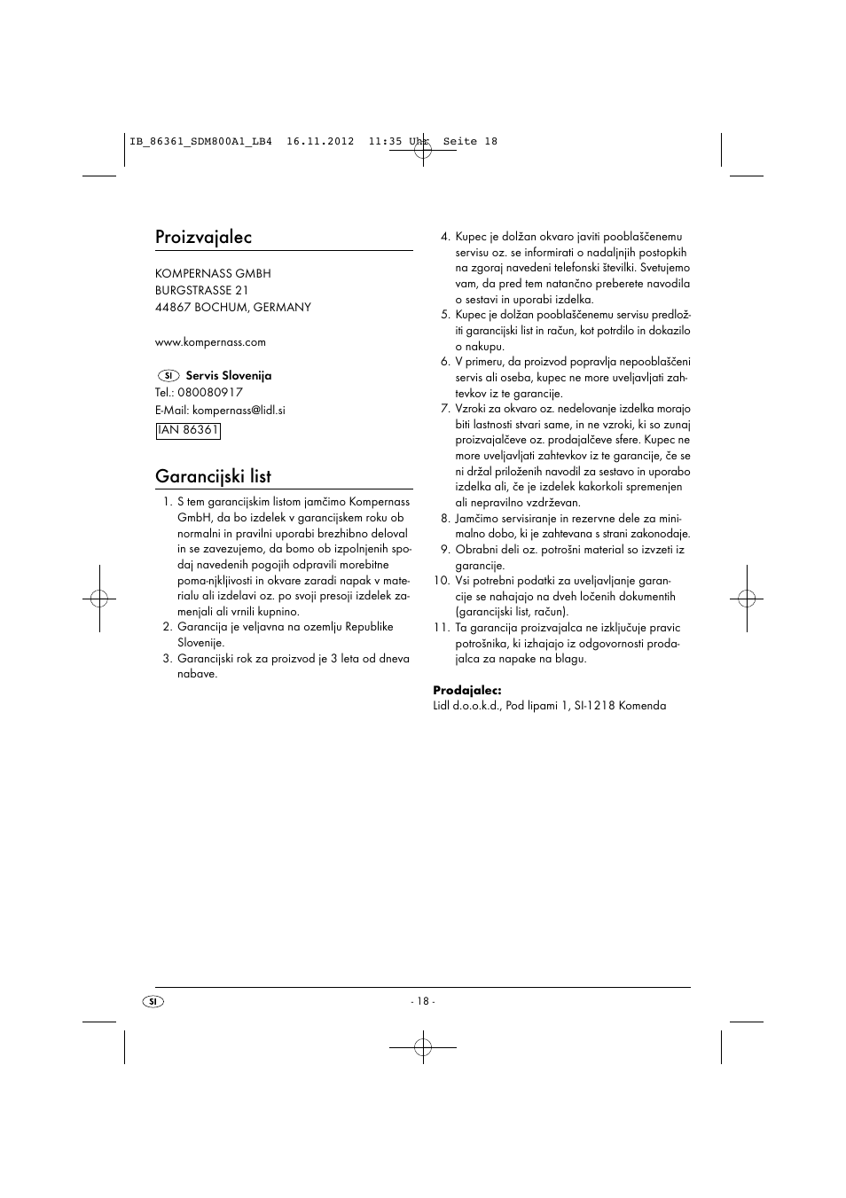 Proizvajalec, Garancijski list | Silvercrest SDM 800 A1 User Manual | Page 21 / 40