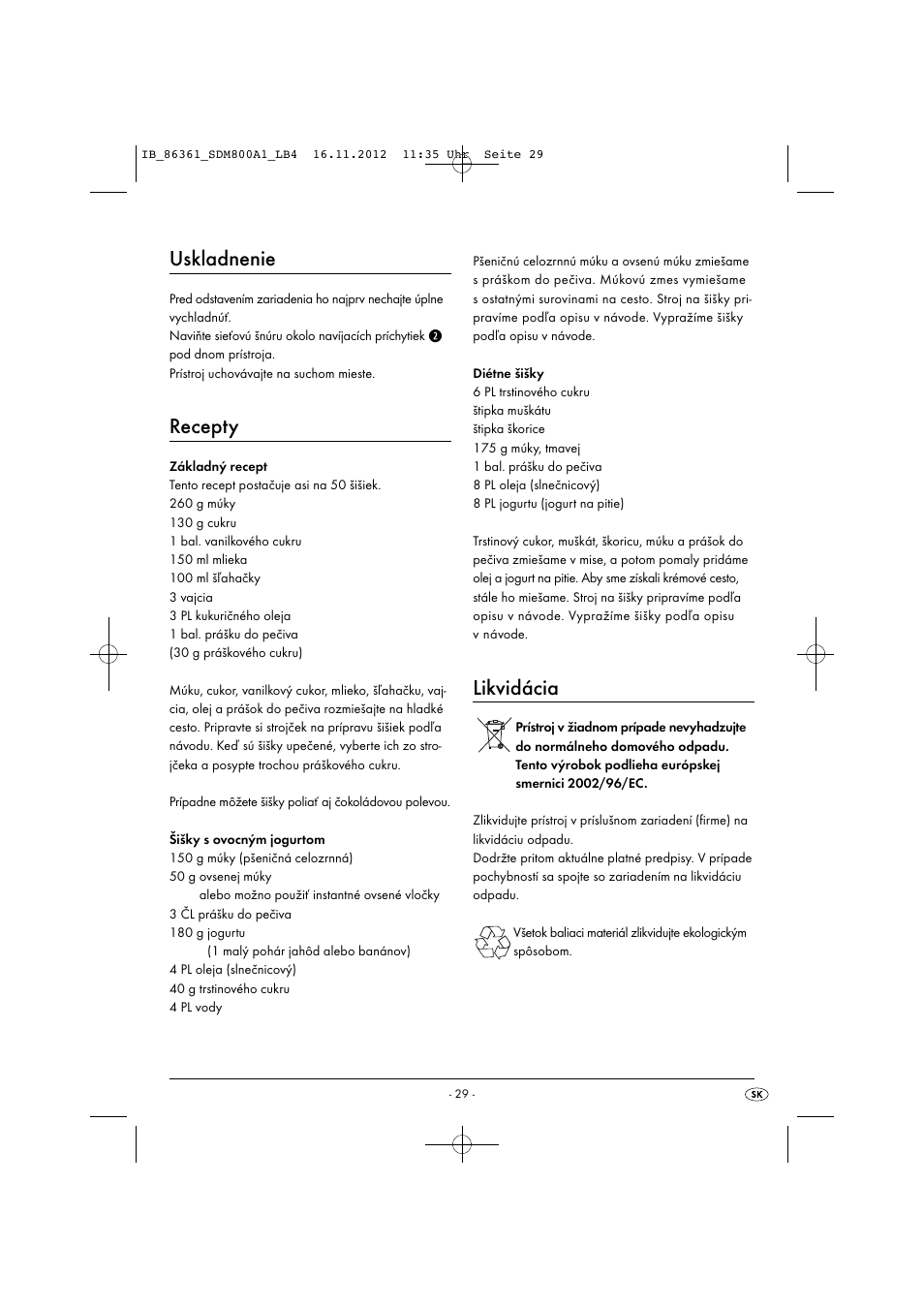 Uskladnenie, Recepty, Likvidácia | Silvercrest SDM 800 A1 User Manual | Page 32 / 40