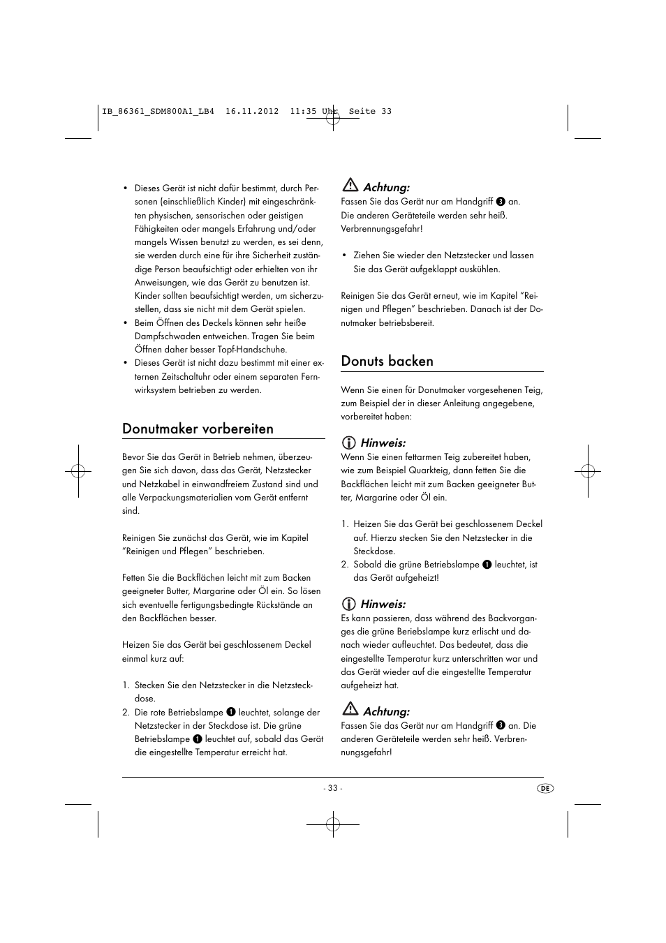 Donutmaker vorbereiten, Donuts backen, Achtung | Hinweis | Silvercrest SDM 800 A1 User Manual | Page 36 / 40