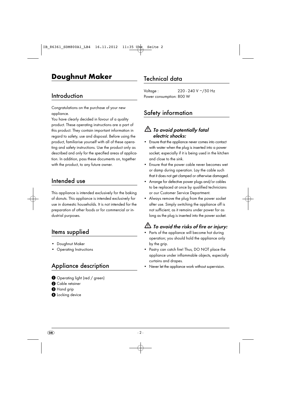 Doughnut maker, Introduction, Intended use | Items supplied, Appliance description, Technical data, Safety information | Silvercrest SDM 800 A1 User Manual | Page 5 / 40