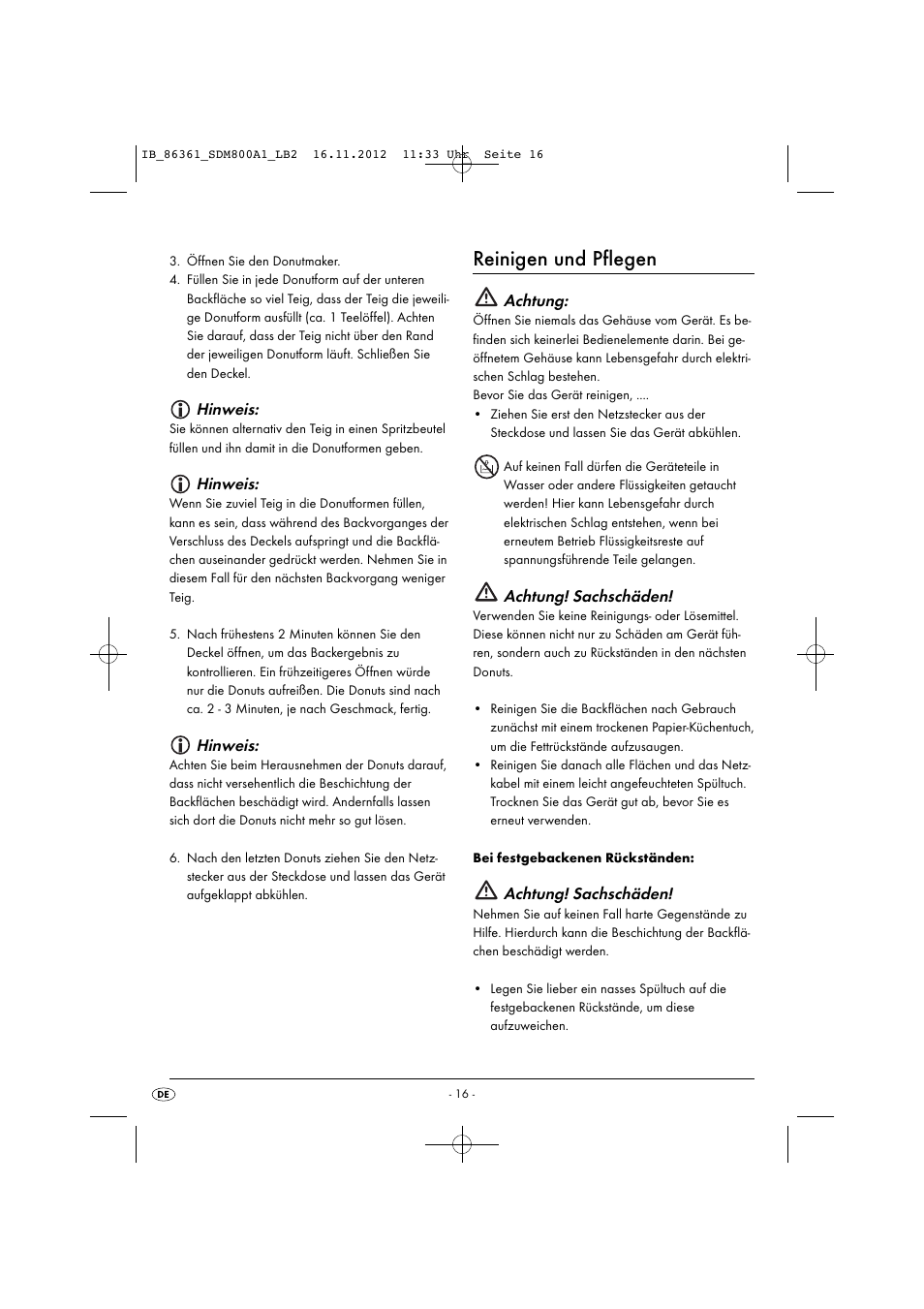 Reinigen und pflegen, Hinweis, Achtung | Achtung! sachschäden | Silvercrest SDM 800 A1 User Manual | Page 19 / 28