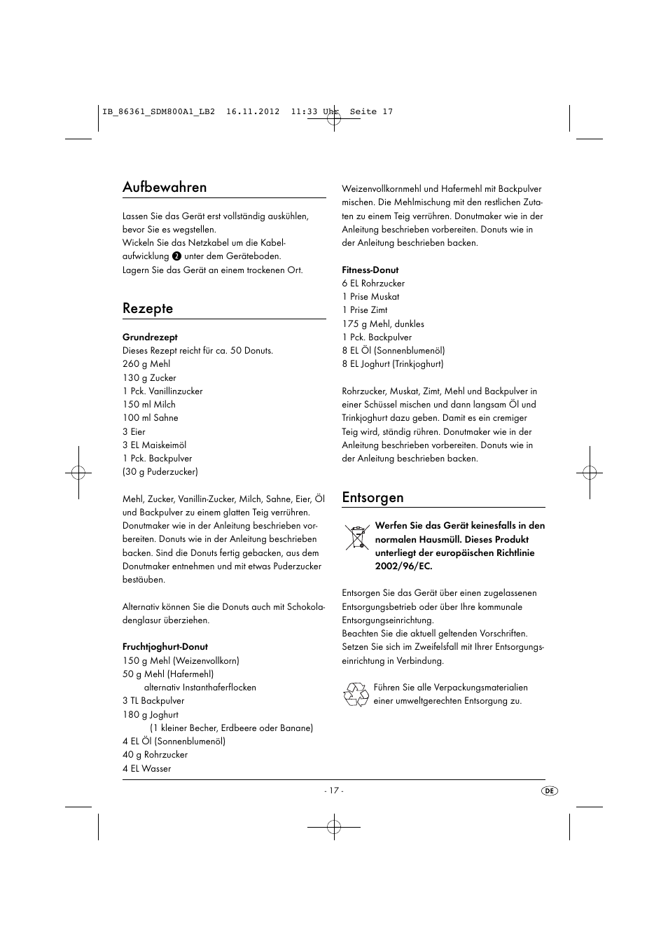 Aufbewahren, Rezepte, Entsorgen | Silvercrest SDM 800 A1 User Manual | Page 20 / 28