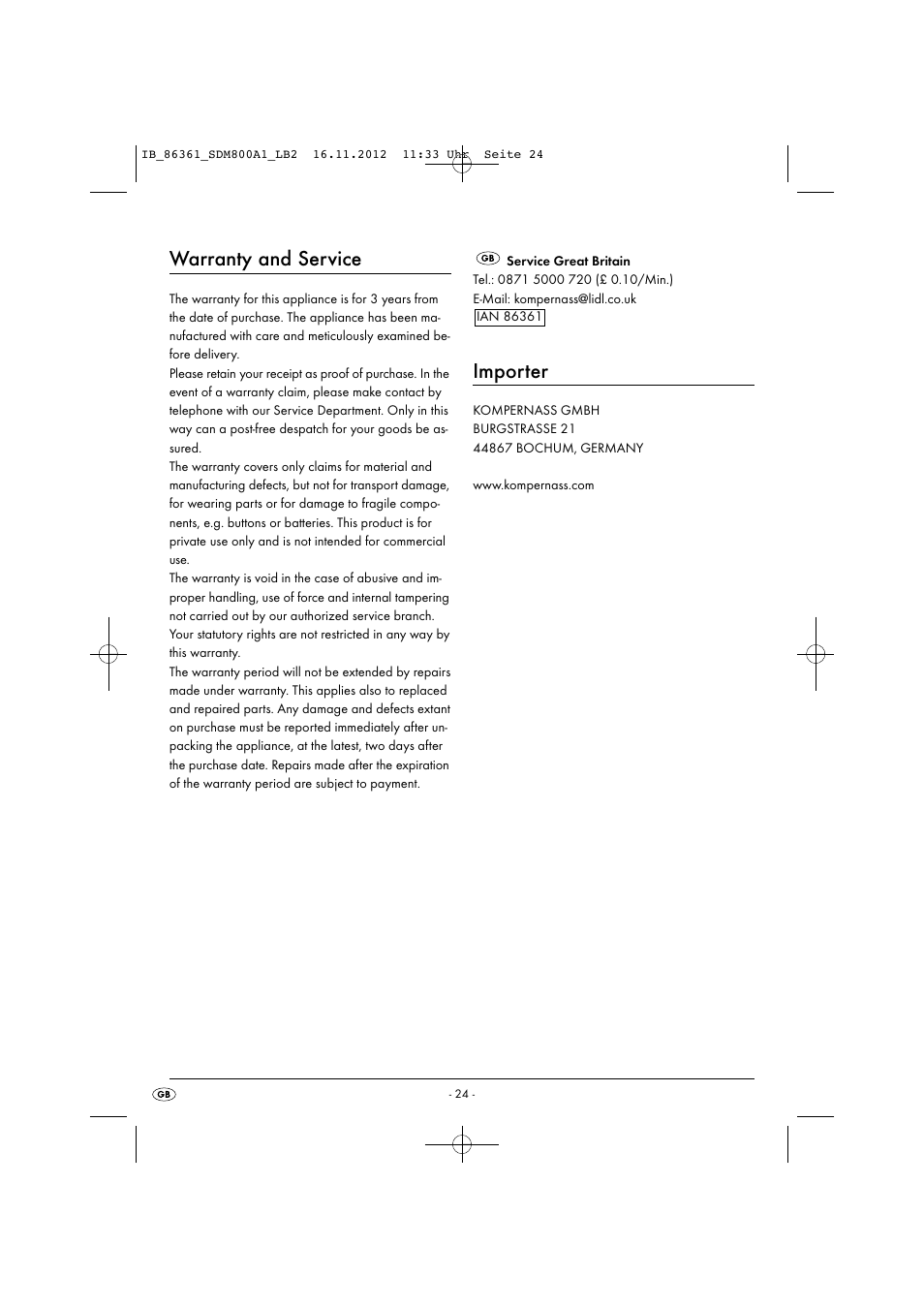 Warranty and service, Importer | Silvercrest SDM 800 A1 User Manual | Page 27 / 28
