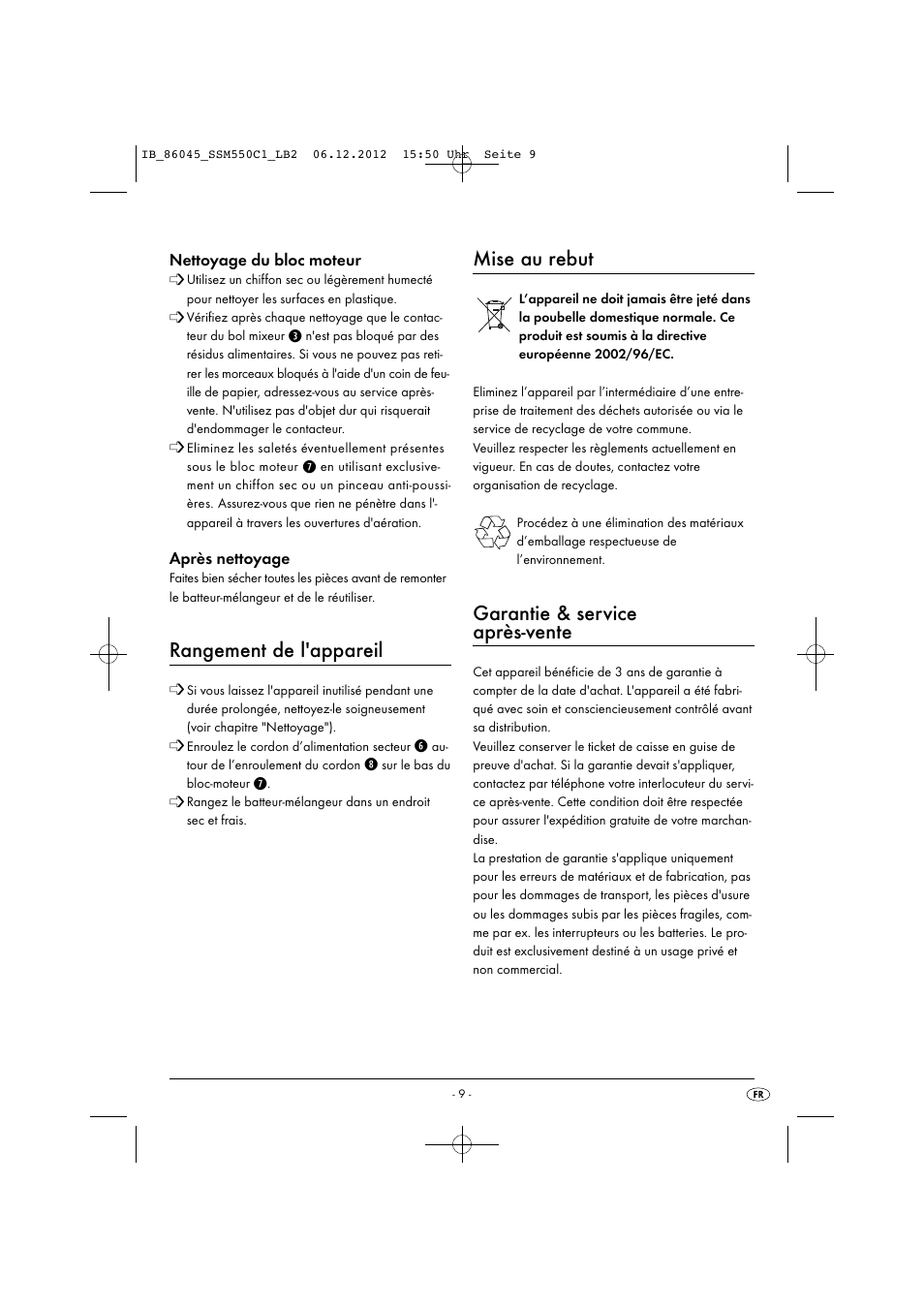 Rangement de l'appareil, Mise au rebut, Garantie & service après-vente | Silvercrest SSM 550 C1 User Manual | Page 12 / 44