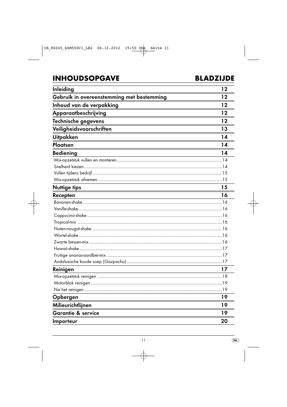 Inhoudsopgave bladzijde | Silvercrest SSM 550 C1 User Manual | Page 14 / 44