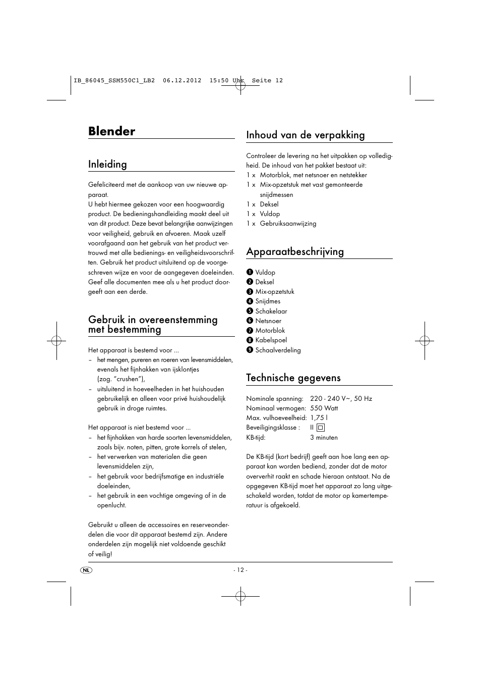 Blender, Inleiding, Gebruik in overeenstemming met bestemming | Inhoud van de verpakking, Apparaatbeschrijving, Technische gegevens | Silvercrest SSM 550 C1 User Manual | Page 15 / 44