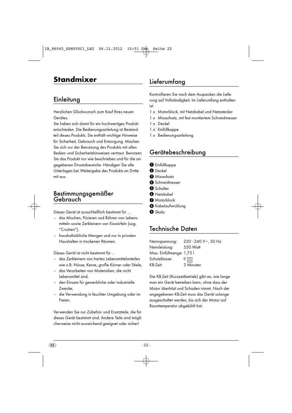 Standmixer, Einleitung, Bestimmungsgemäßer gebrauch | Lieferumfang, Gerätebeschreibung, Technische daten | Silvercrest SSM 550 C1 User Manual | Page 25 / 44