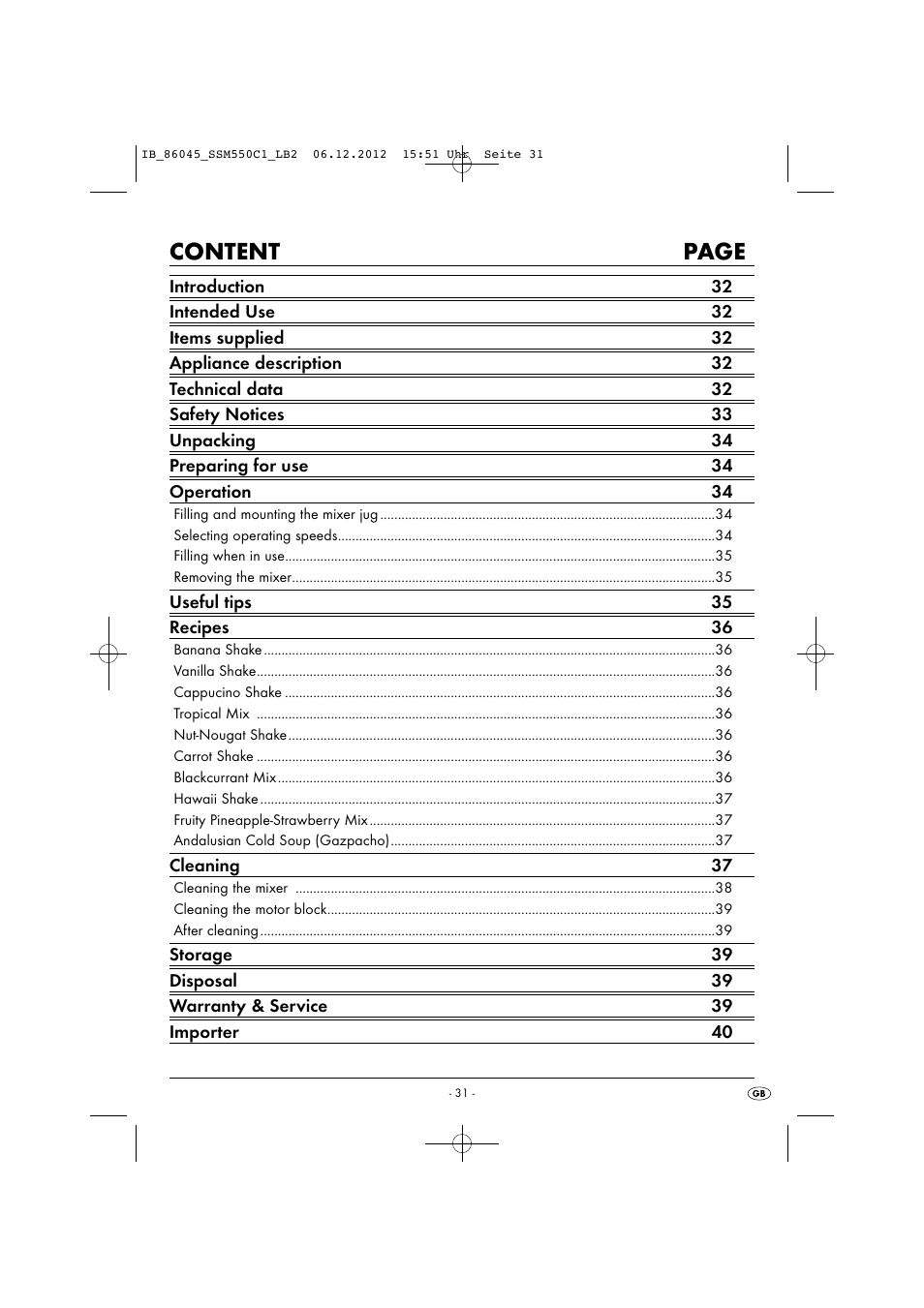Content page | Silvercrest SSM 550 C1 User Manual | Page 34 / 44