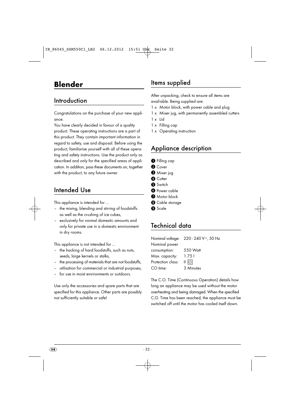 Blender, Introduction, Intended use | Items supplied, Appliance description, Technical data | Silvercrest SSM 550 C1 User Manual | Page 35 / 44