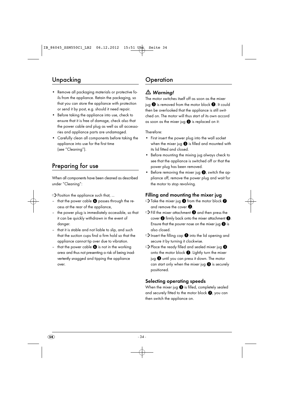 Unpacking, Preparing for use, Operation | Silvercrest SSM 550 C1 User Manual | Page 37 / 44