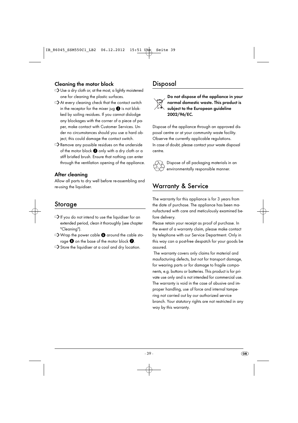 Storage, Disposal, Warranty & service | Silvercrest SSM 550 C1 User Manual | Page 42 / 44