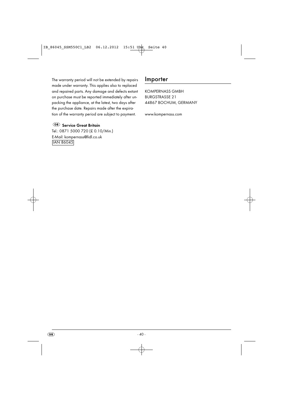 Importer | Silvercrest SSM 550 C1 User Manual | Page 43 / 44