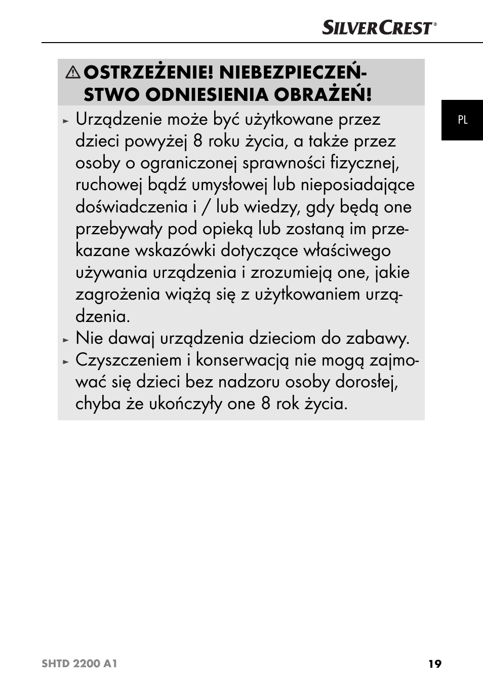 Nie dawaj urządzenia dzieciom do zabawy | Silvercrest SHTD 2200 A1 User Manual | Page 22 / 52