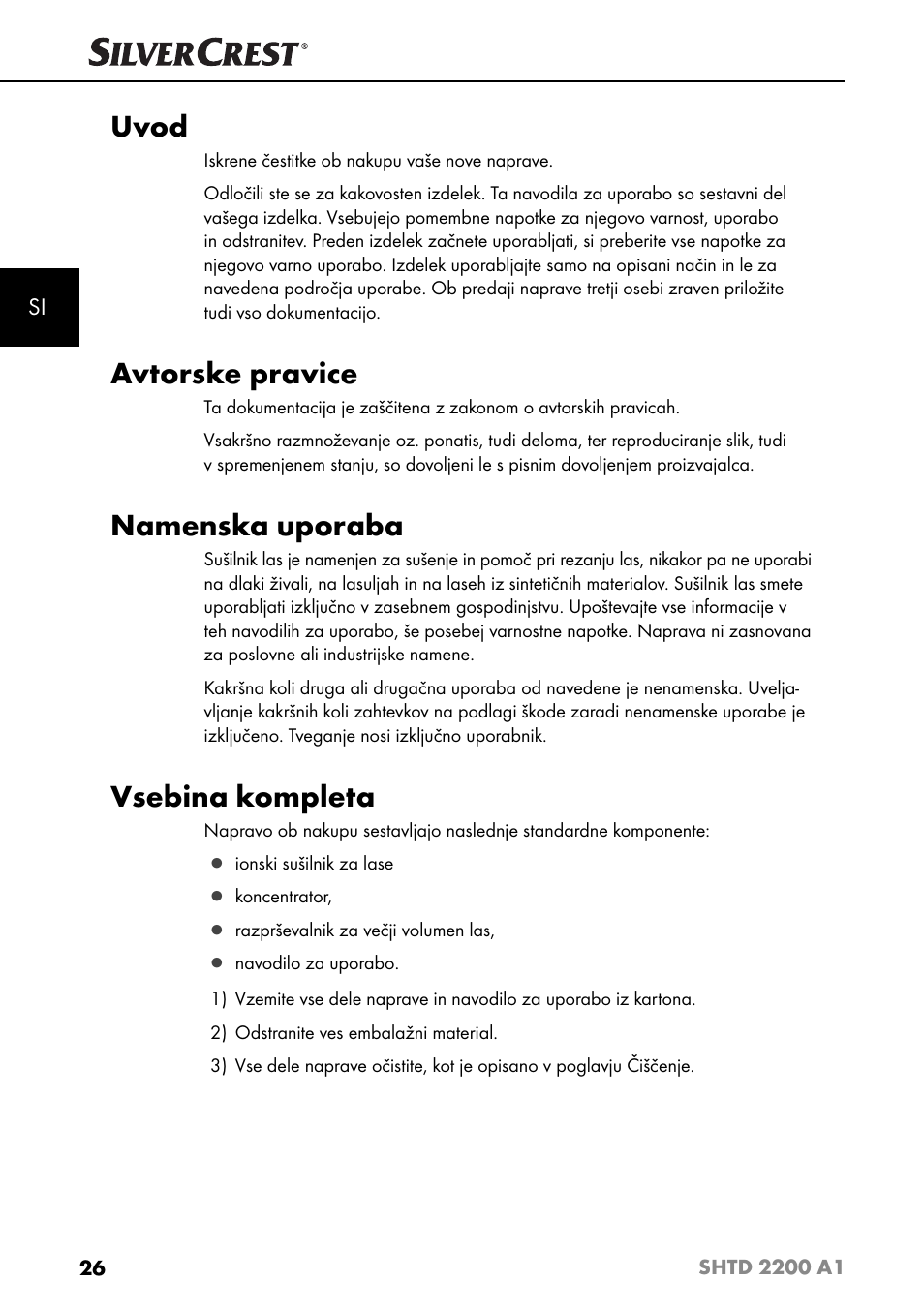 Uvod, Avtorske pravice, Namenska uporaba | Vsebina kompleta | Silvercrest SHTD 2200 A1 User Manual | Page 29 / 52