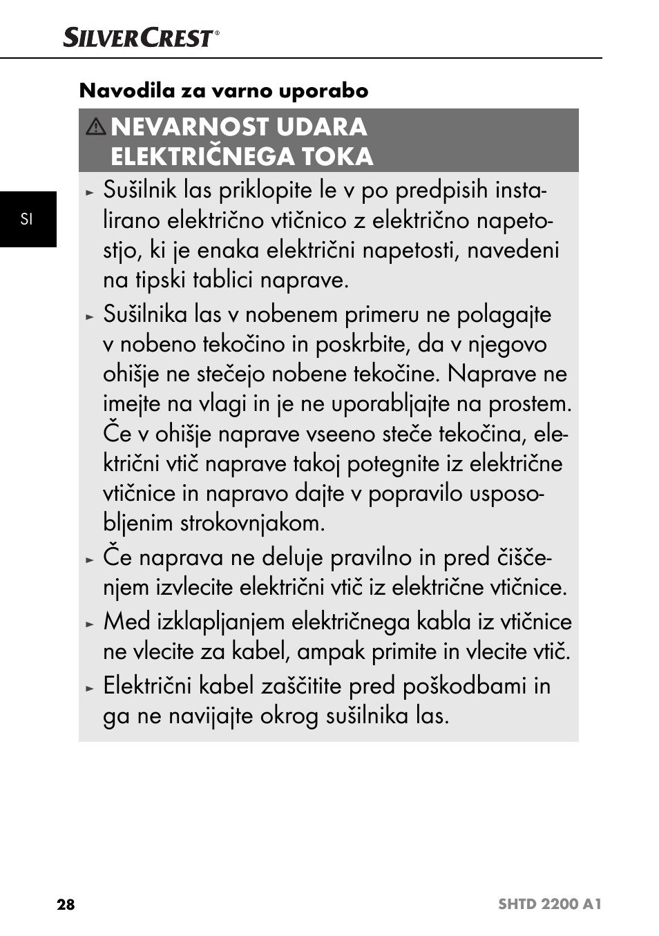 Nevarnost udara električnega toka, Navodila za varno uporabo | Silvercrest SHTD 2200 A1 User Manual | Page 31 / 52
