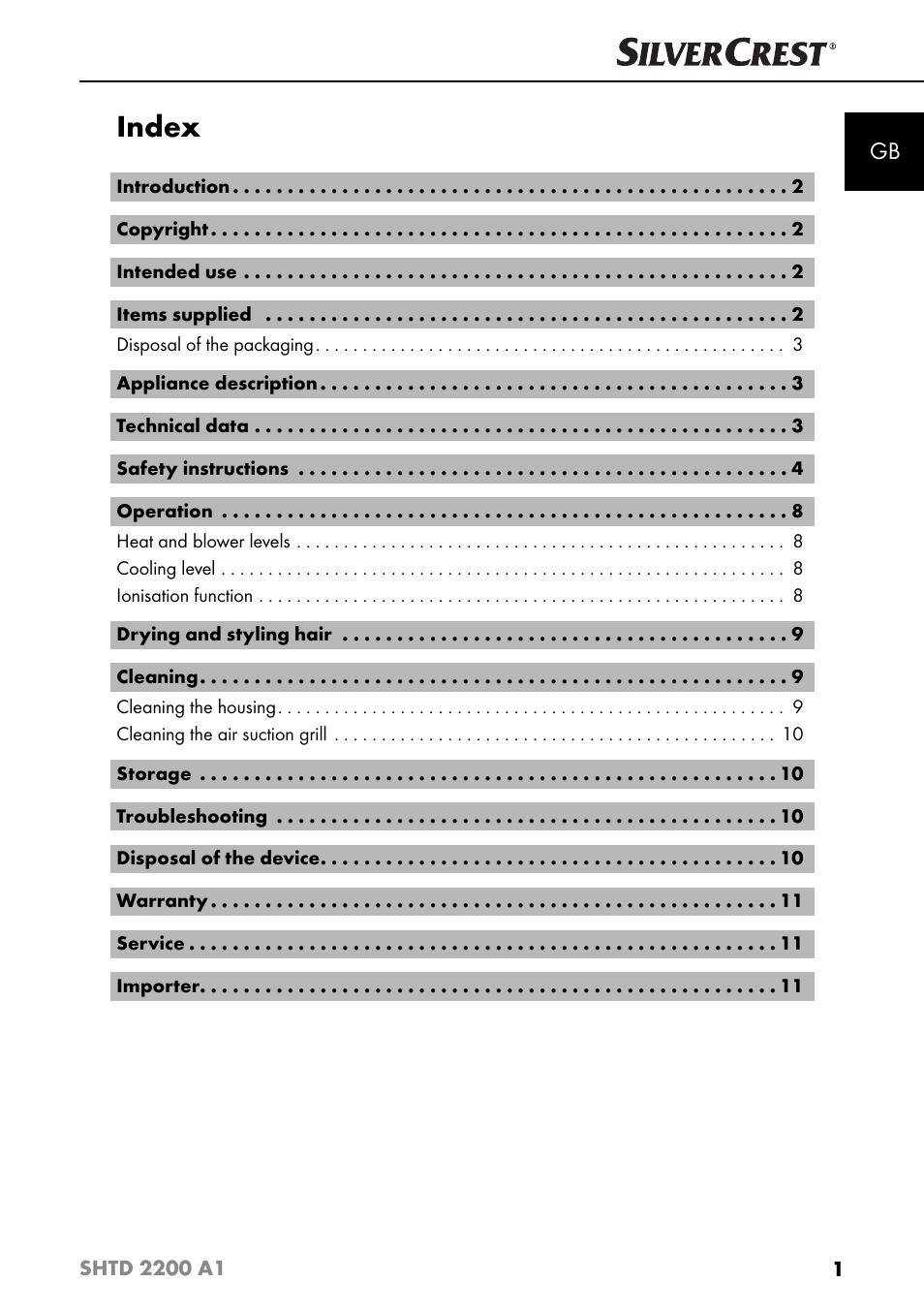 Index | Silvercrest SHTD 2200 A1 User Manual | Page 4 / 52