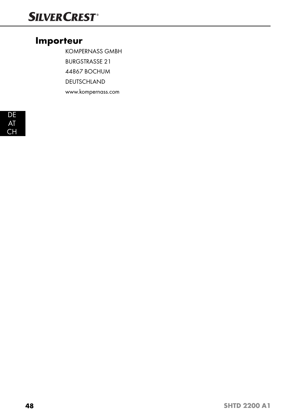 Importeur, De at ch | Silvercrest SHTD 2200 A1 User Manual | Page 51 / 52