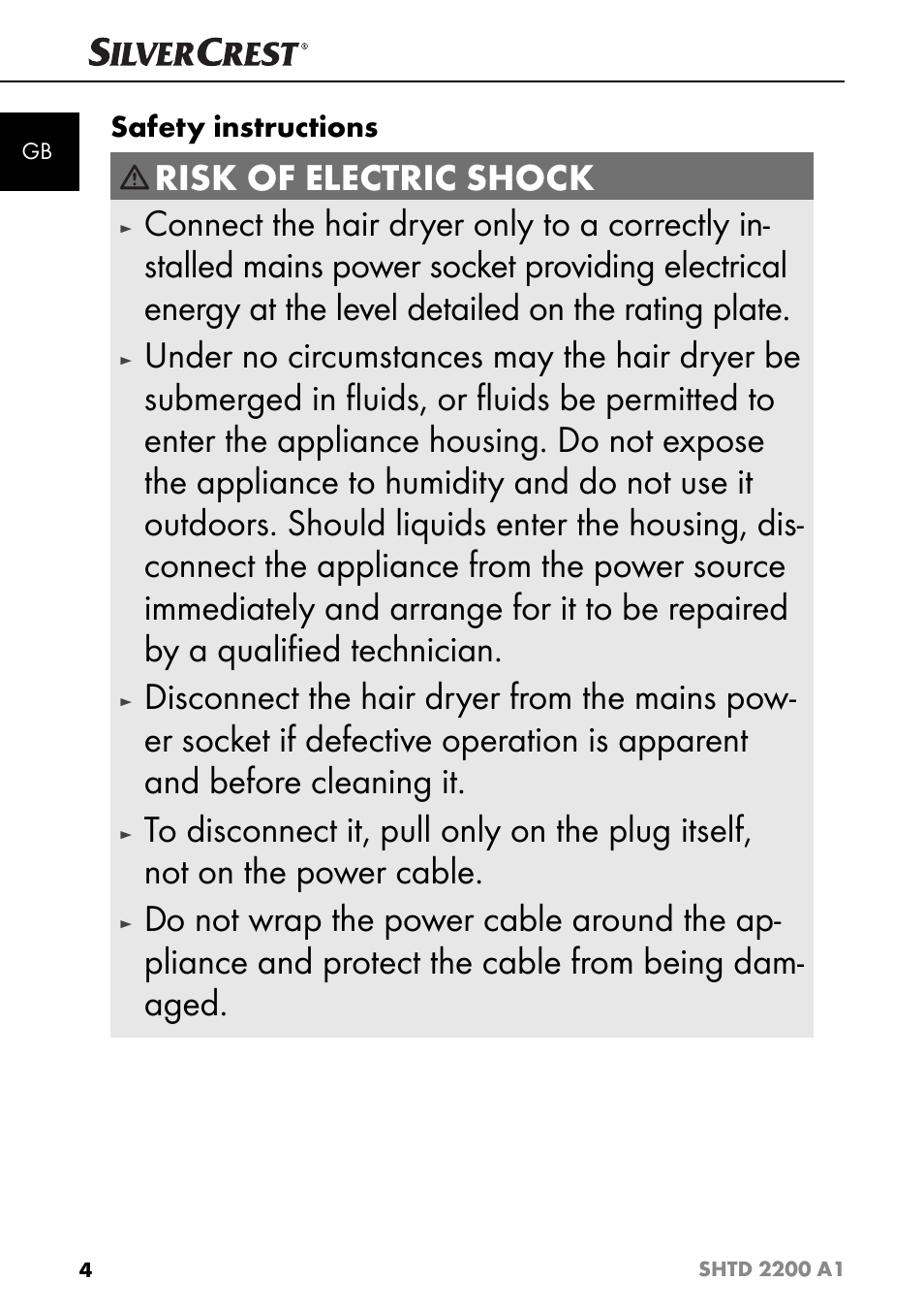 Risk of electric shock, Safety instructions | Silvercrest SHTD 2200 A1 User Manual | Page 7 / 52