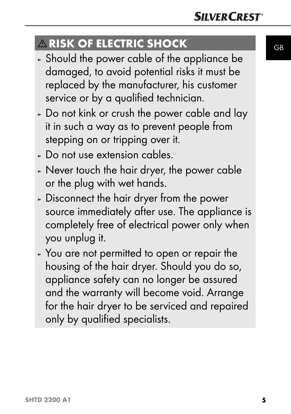 Risk of electric shock, Do not use extension cables | Silvercrest SHTD 2200 A1 User Manual | Page 8 / 52