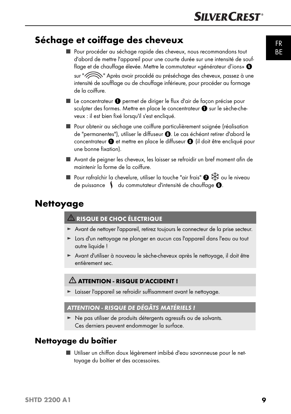 Séchage et coiﬀ age des cheveux, Nettoyage, Nettoyage du boîtier | Fr be | Silvercrest SHTD 2200 A1 User Manual | Page 12 / 51