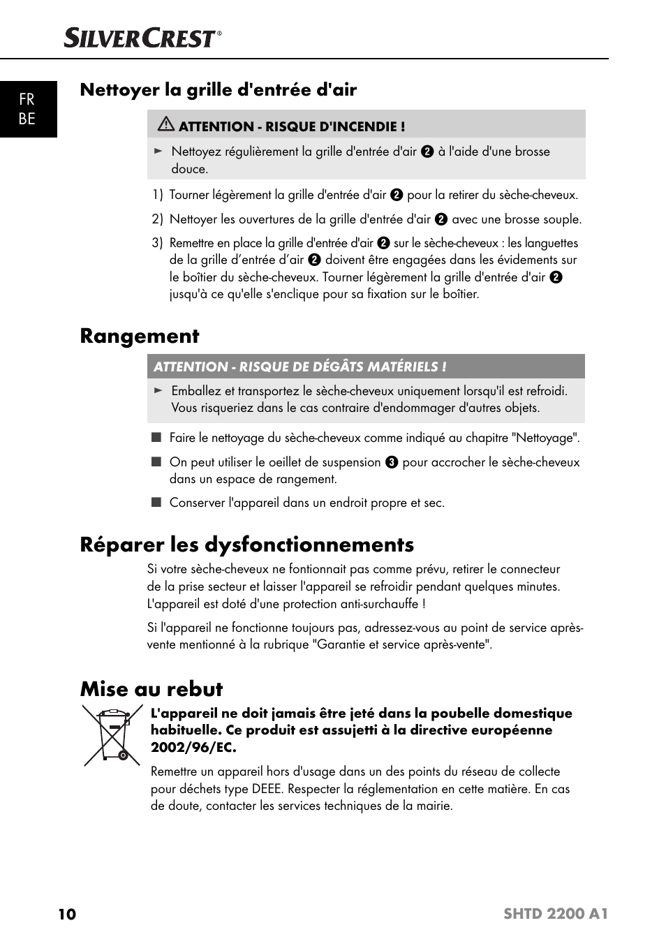 Rangement, Réparer les dysfonctionnements, Mise au rebut | Nettoyer la grille d'entrée d'air, Fr be | Silvercrest SHTD 2200 A1 User Manual | Page 13 / 51