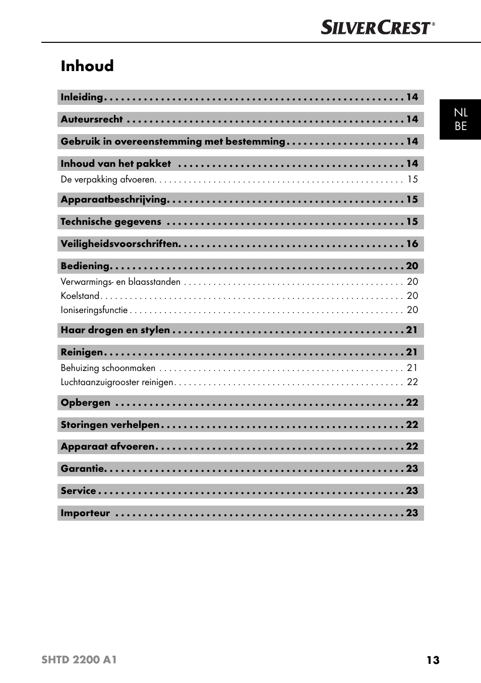 Inhoud, Nl be | Silvercrest SHTD 2200 A1 User Manual | Page 16 / 51