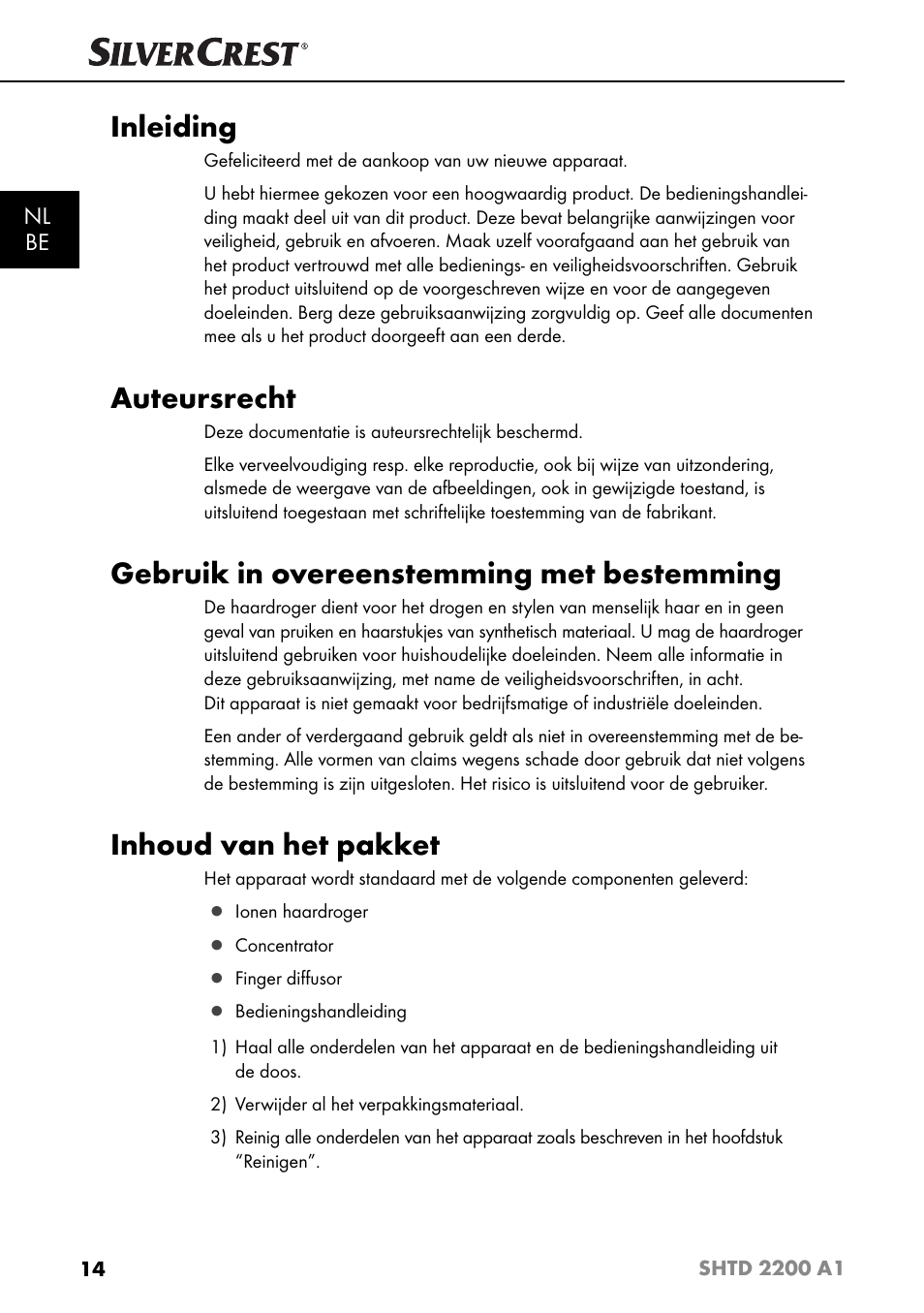 Inleiding, Auteursrecht, Gebruik in overeenstemming met bestemming | Inhoud van het pakket, Nl be | Silvercrest SHTD 2200 A1 User Manual | Page 17 / 51