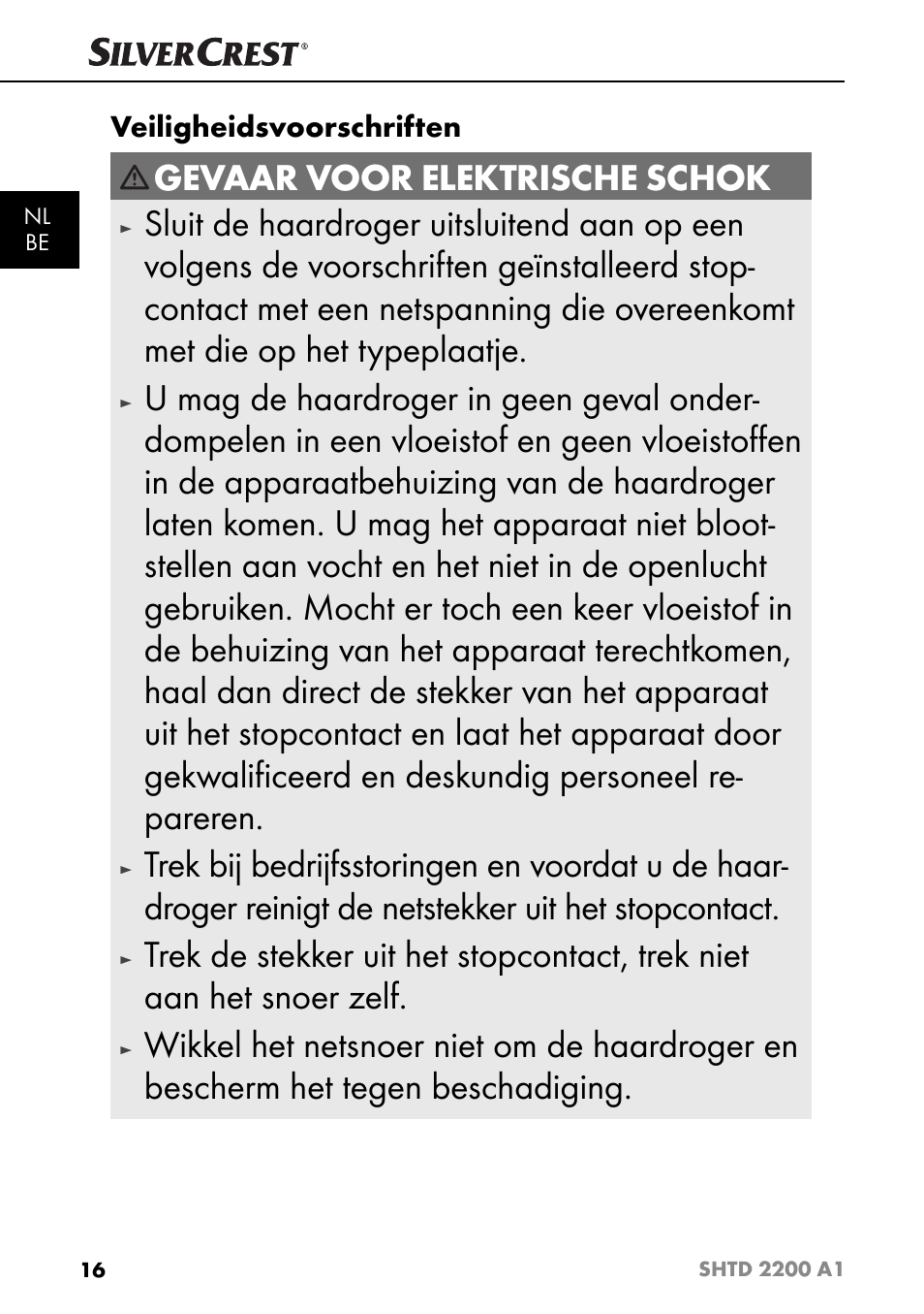 Gevaar voor elektrische schok, Veiligheidsvoorschriften | Silvercrest SHTD 2200 A1 User Manual | Page 19 / 51