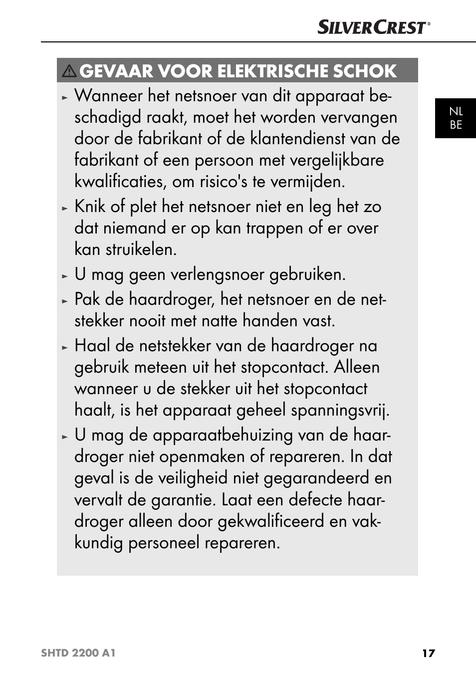 Gevaar voor elektrische schok, U mag geen verlengsnoer gebruiken | Silvercrest SHTD 2200 A1 User Manual | Page 20 / 51