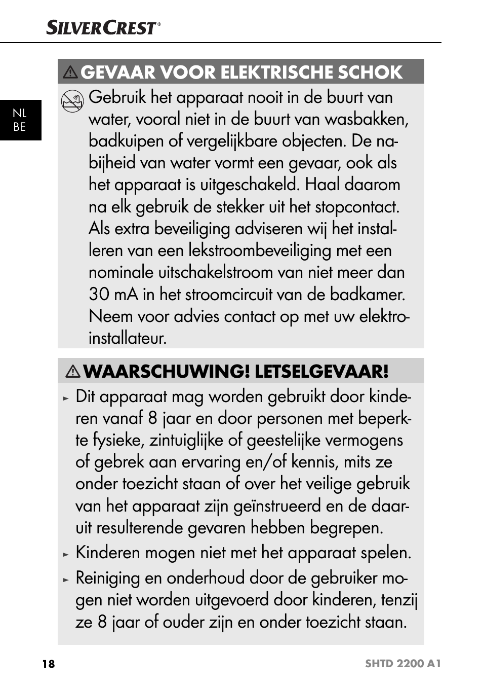 Waarschuwing! letselgevaar, Kinderen mogen niet met het apparaat spelen | Silvercrest SHTD 2200 A1 User Manual | Page 21 / 51