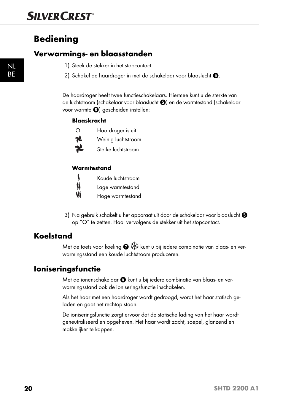 Bediening, Verwarmings- en blaasstanden, Koelstand | Ioniseringsfunctie, Nl be | Silvercrest SHTD 2200 A1 User Manual | Page 23 / 51