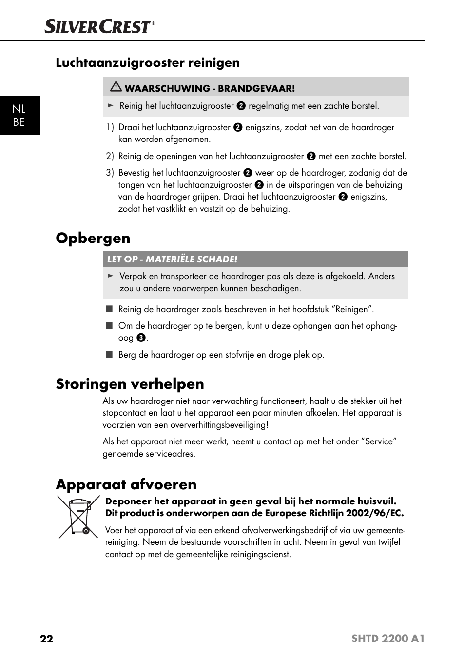 Opbergen, Storingen verhelpen, Apparaat afvoeren | Luchtaanzuigrooster reinigen, Nl be | Silvercrest SHTD 2200 A1 User Manual | Page 25 / 51