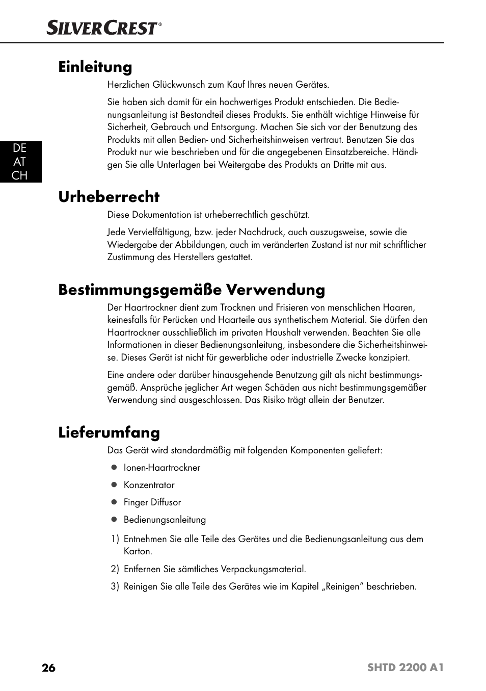 Einleitung, Urheberrecht, Bestimmungsgemäße verwendung | Lieferumfang, De at ch | Silvercrest SHTD 2200 A1 User Manual | Page 29 / 51