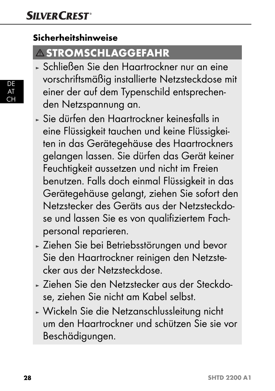 Stromschlaggefahr, Sicherheitshinweise | Silvercrest SHTD 2200 A1 User Manual | Page 31 / 51
