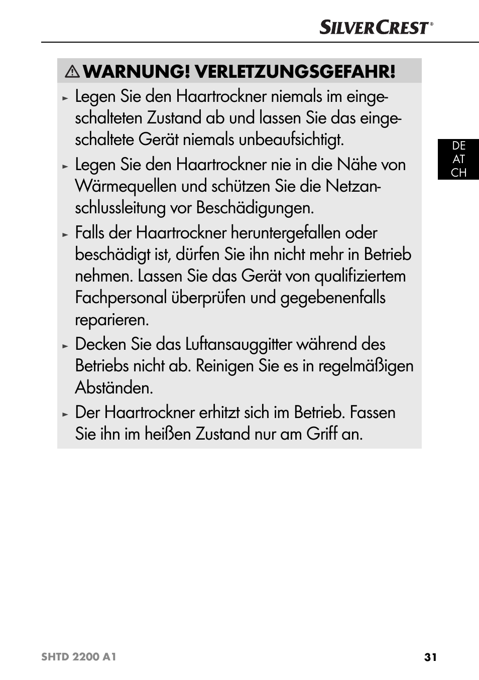 Warnung! verletzungsgefahr | Silvercrest SHTD 2200 A1 User Manual | Page 34 / 51