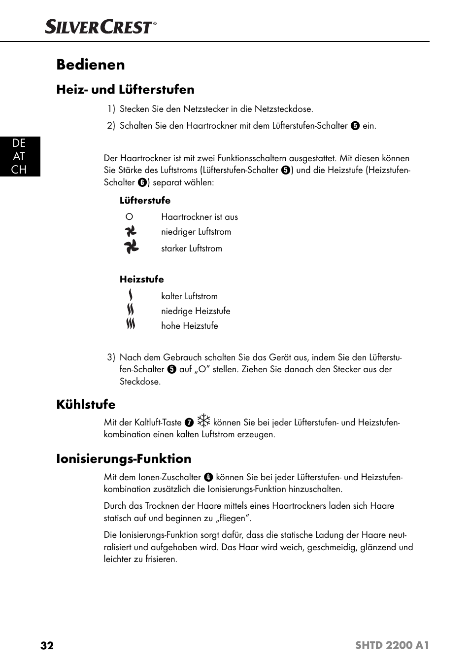 Bedienen, Heiz- und lüfterstufen, Kühlstufe | Ionisierungs-funktion, De at ch | Silvercrest SHTD 2200 A1 User Manual | Page 35 / 51