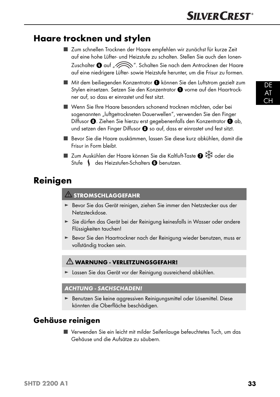 Haare trocknen und stylen, Reinigen, Gehäuse reinigen | De at ch | Silvercrest SHTD 2200 A1 User Manual | Page 36 / 51