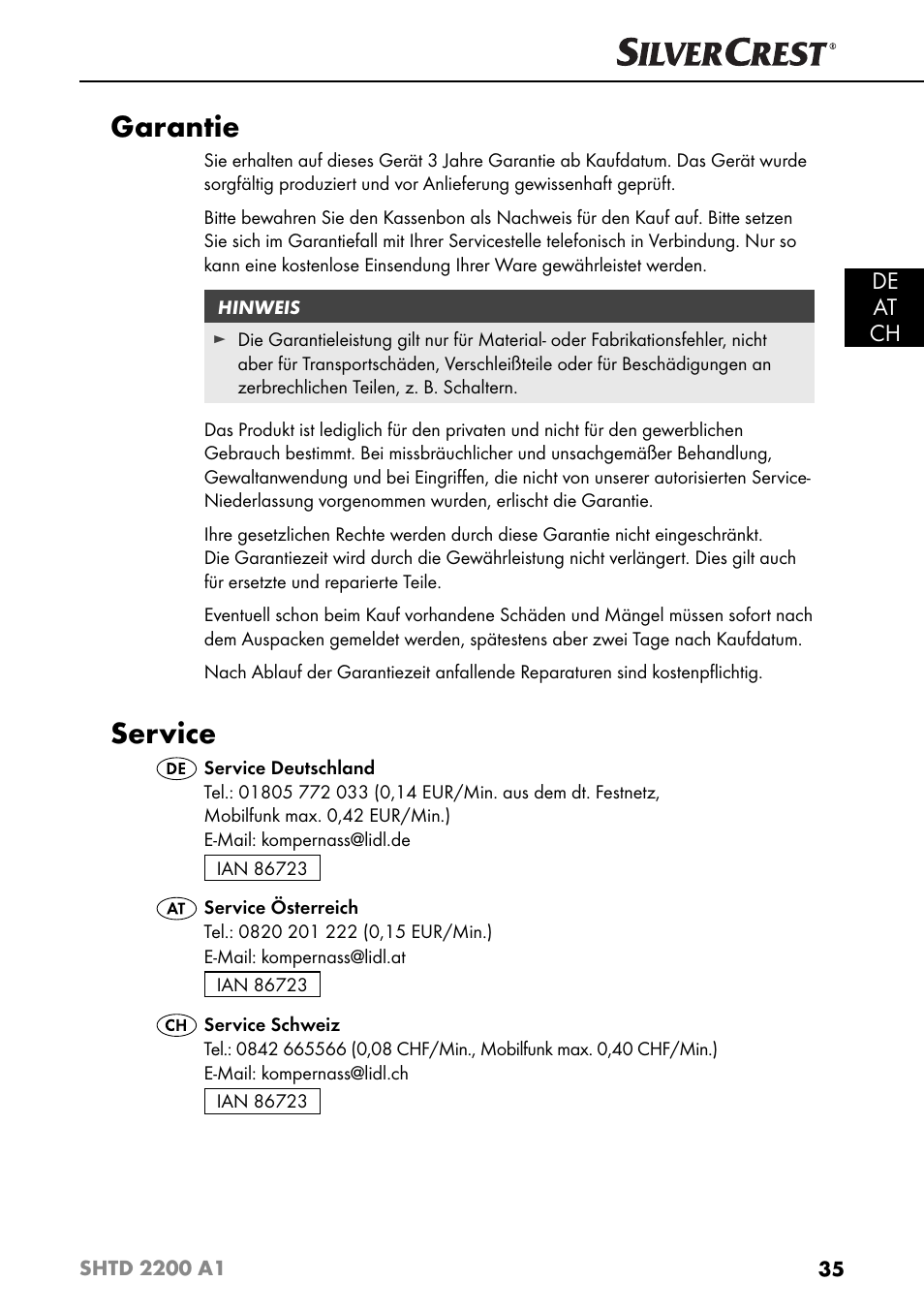 Garantie, Service, De at ch | Silvercrest SHTD 2200 A1 User Manual | Page 38 / 51