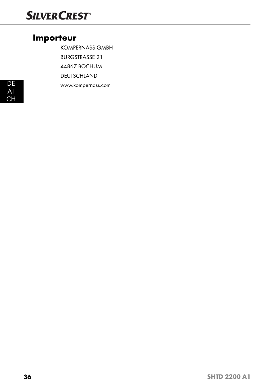 Importeur, De at ch | Silvercrest SHTD 2200 A1 User Manual | Page 39 / 51