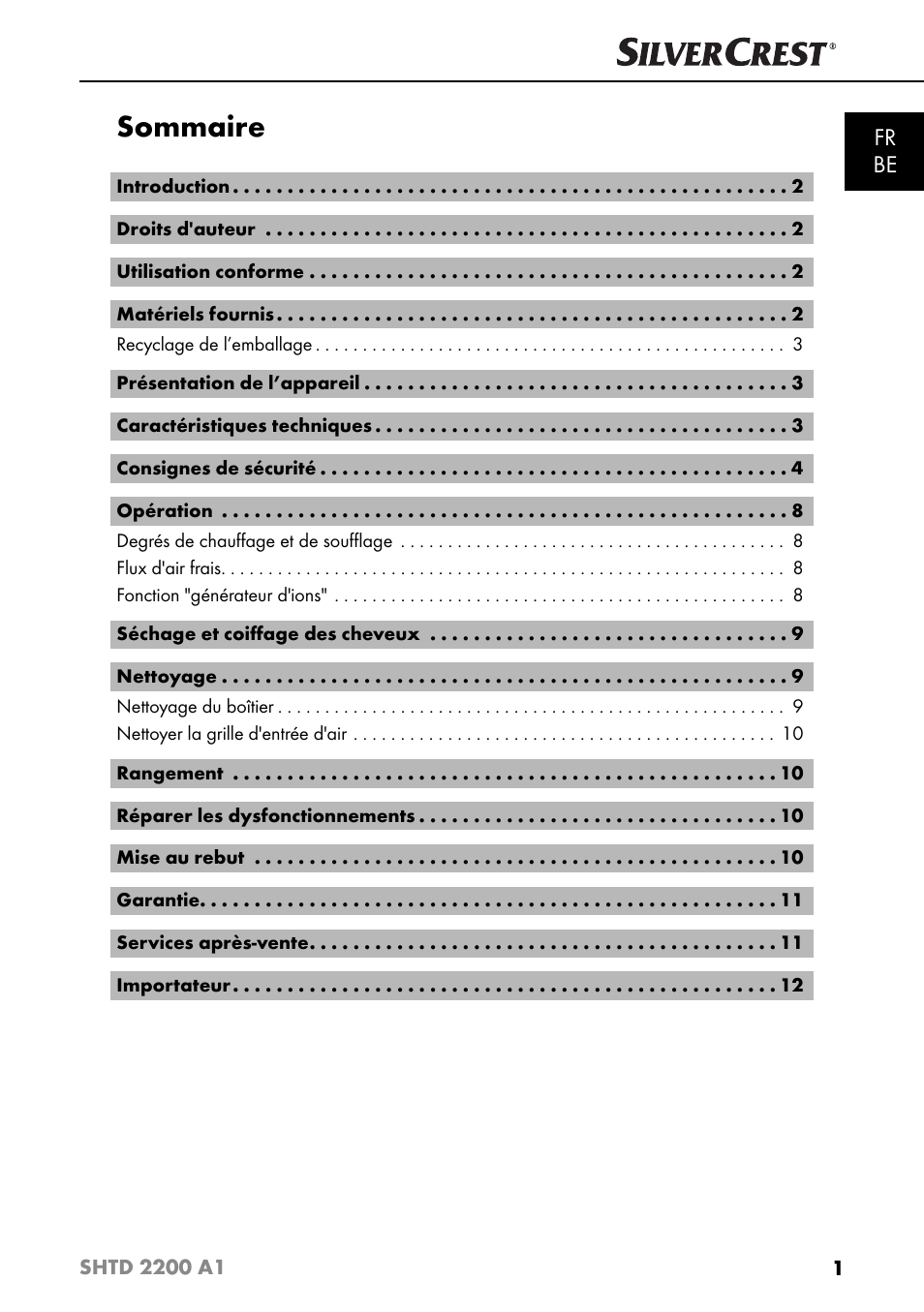 Sommaire, Fr be | Silvercrest SHTD 2200 A1 User Manual | Page 4 / 51