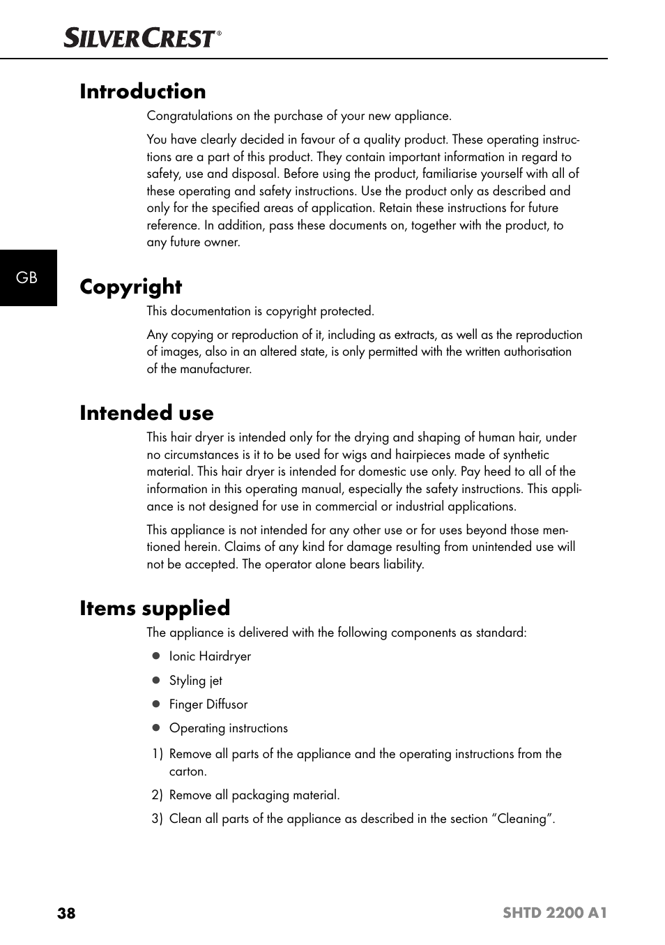 Introduction, Copyright, Intended use | Items supplied | Silvercrest SHTD 2200 A1 User Manual | Page 41 / 51